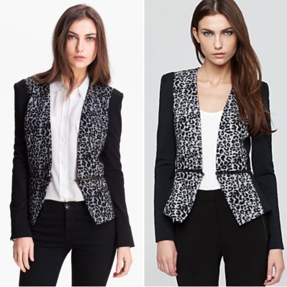 Rebecca Taylor Convertible Black Gray Leopard Print Peplum Knit Blazer Size 8 - Picture 2 of 11